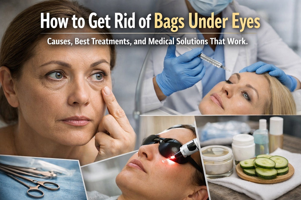 How to get rid of bags under eyes showing woman with under eye puffiness and medical cosmetic treatment options