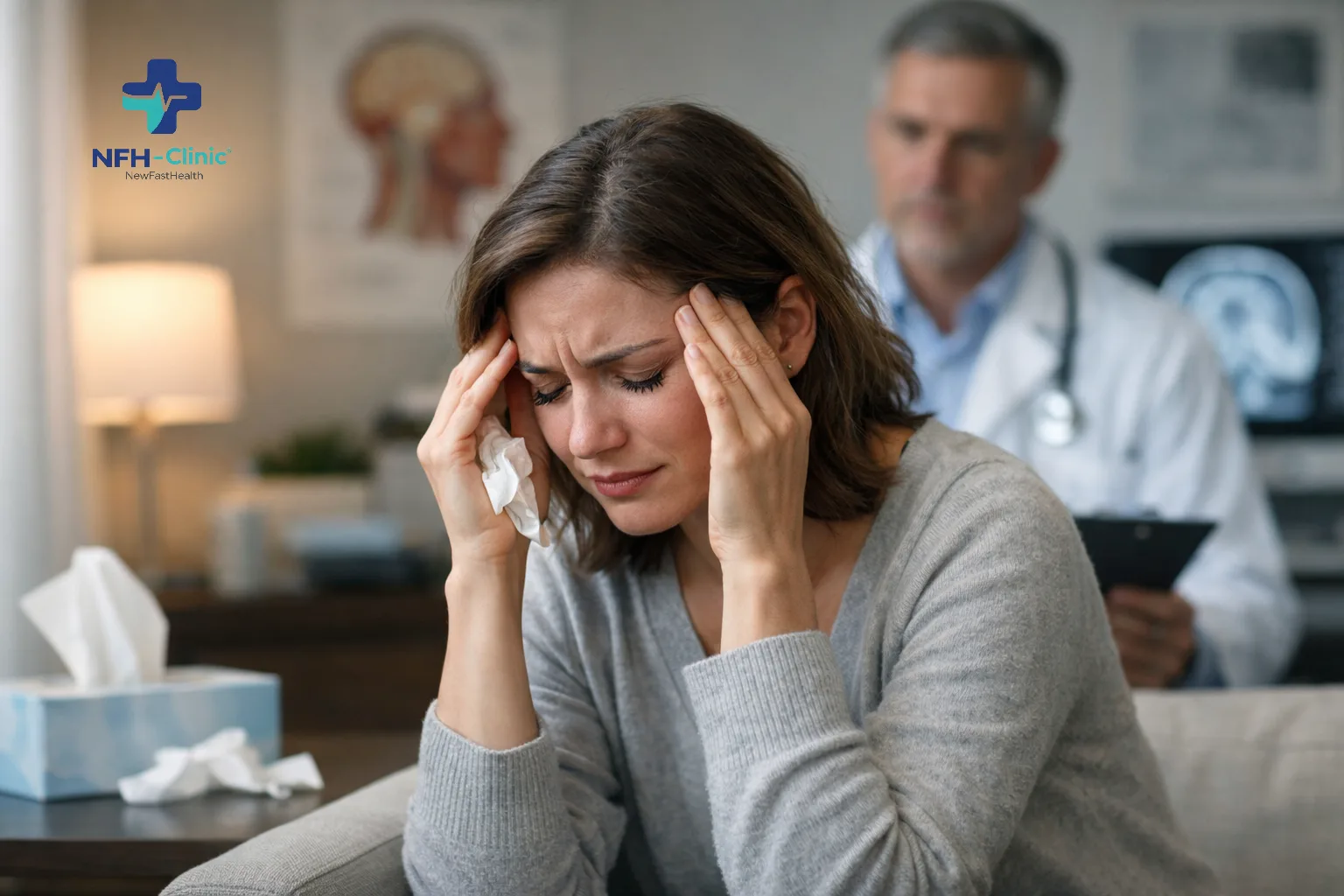 Adult woman experiencing headache after crying in a clinical setting with doctor observing – tension headache, stress-induced migraine, and emotional stress medical context