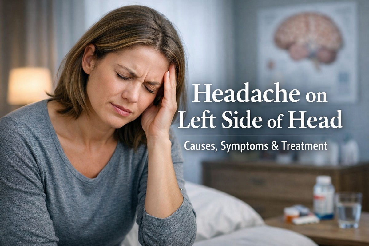 Woman holding left side of head in pain illustrating left sided headache symptoms including migraine, nerve pain, or neurological headache