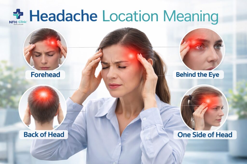 Woman experiencing headache with highlighted pain zones showing forehead, behind eye, back of head, and one side headache locations for medical education.