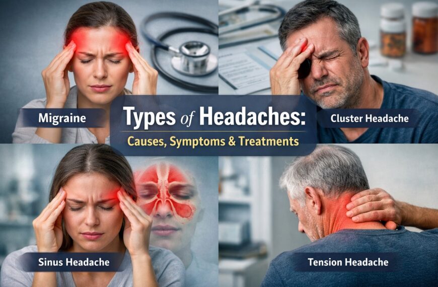 Clinical visual guide showing migraine, tension, sinus, and cluster headache types with symptom locations highlighted for medical education.