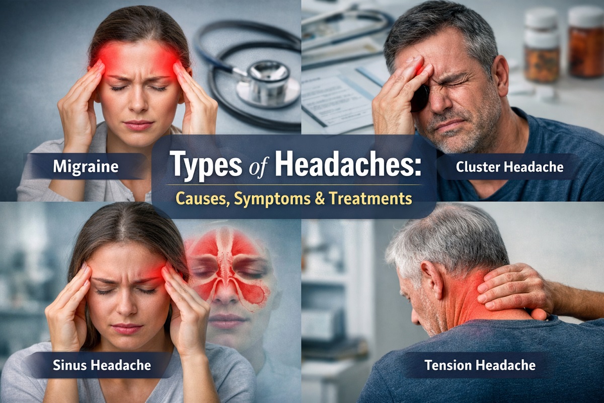 Clinical visual guide showing migraine, tension, sinus, and cluster headache types with symptom locations highlighted for medical education.
