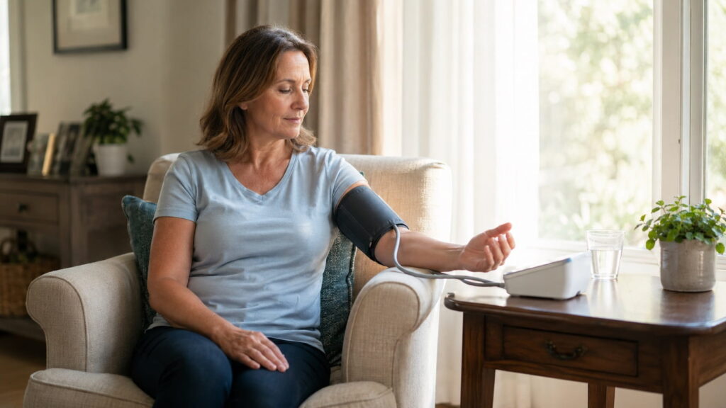 Woman checking her blood pressure at home using a digital upper-arm cuff monitor while seated in a living room