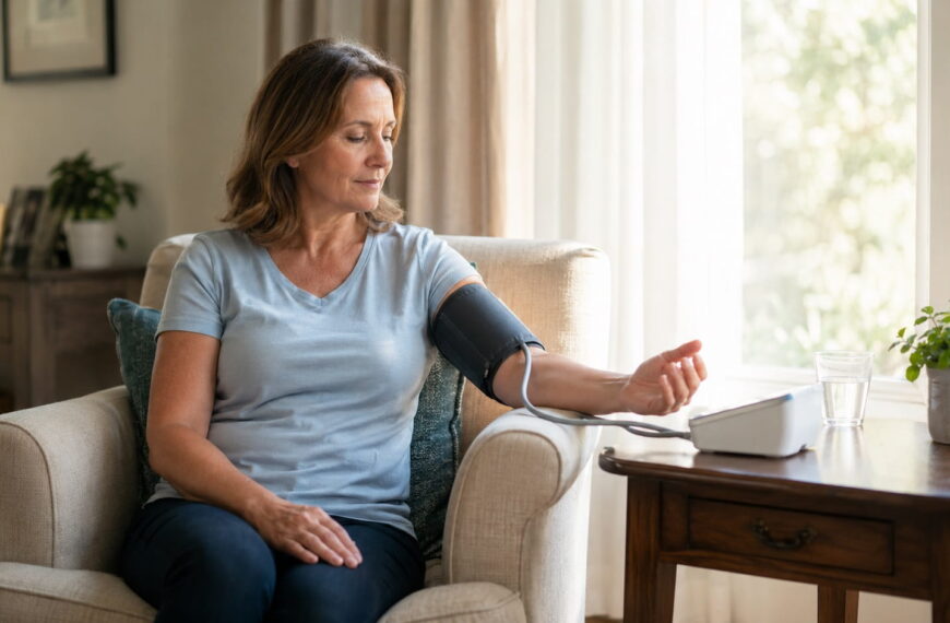 Woman checking her blood pressure at home using a digital upper-arm cuff monitor while seated in a living room