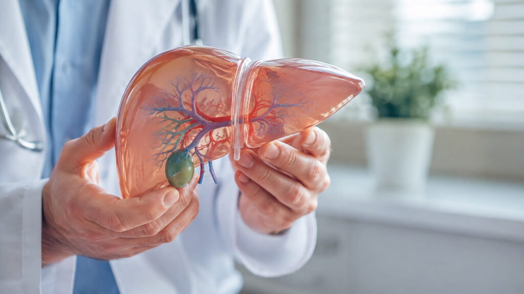 Doctor holding a transparent anatomical liver model, illustrating liver disease symptoms and liver health