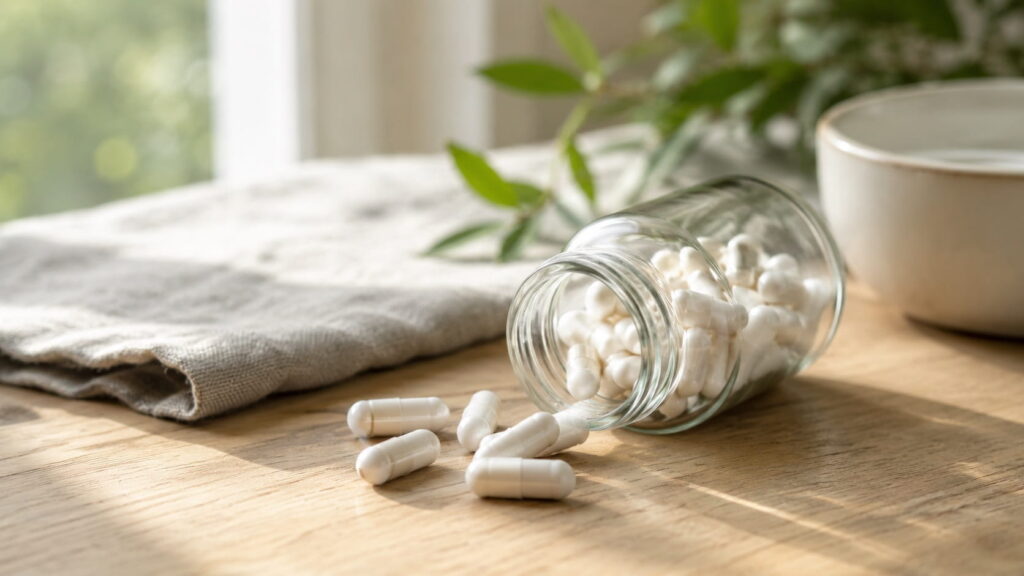 Alpha GPC supplement capsules spilling out of a glass jar on a wooden table