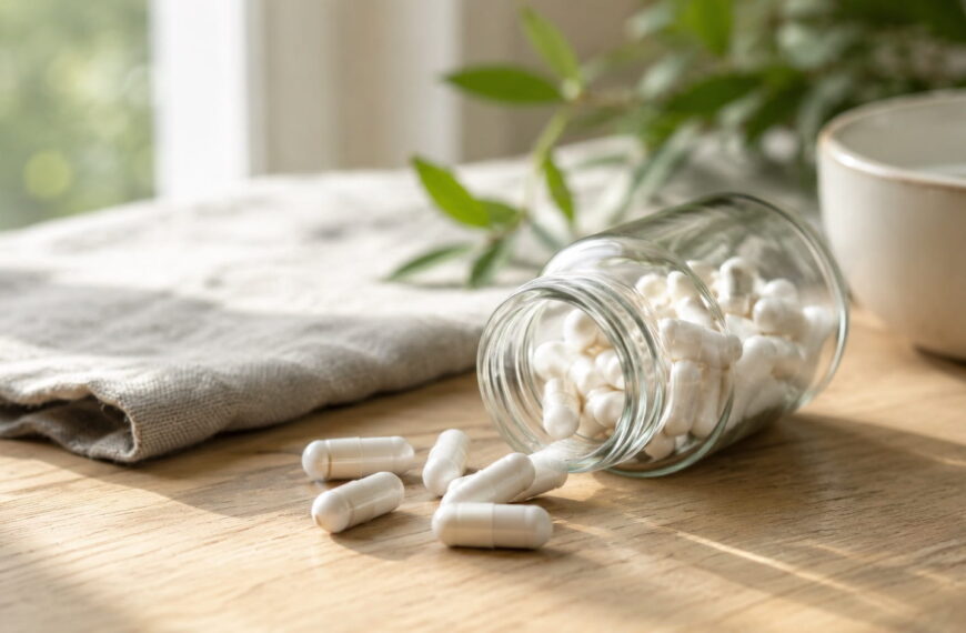Alpha GPC supplement capsules spilling out of a glass jar on a wooden table