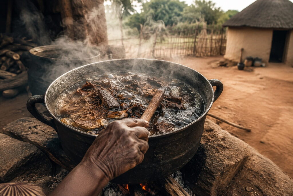 Traditional preparation of umhlabelo herbal decoction boiling over an open fire