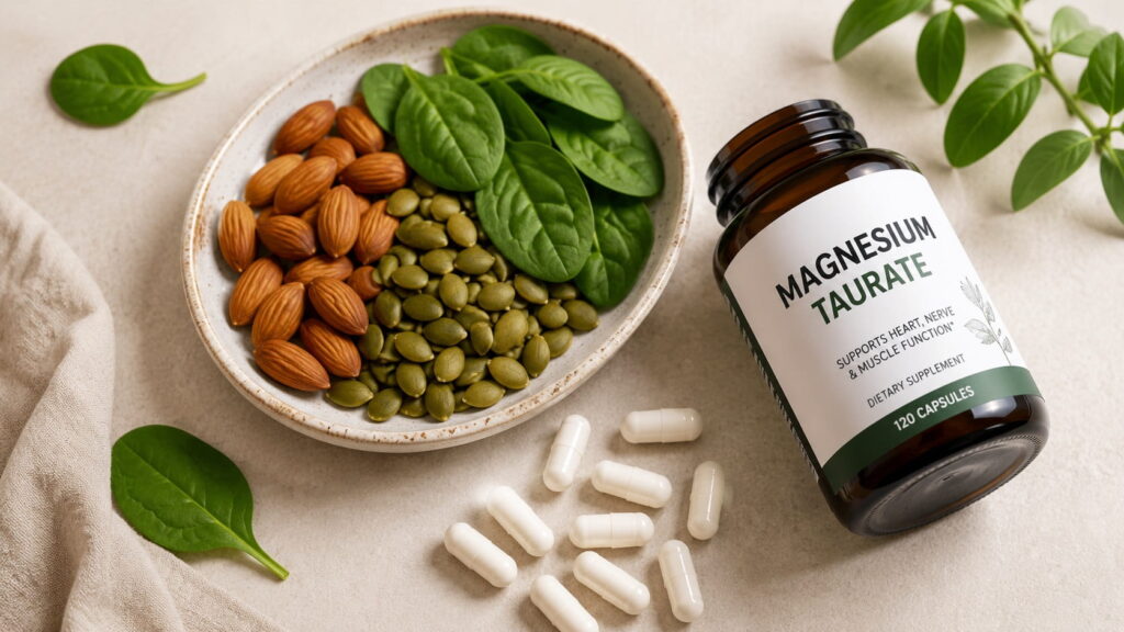 Bottle of magnesium taurate capsules beside spinach, almonds, and pumpkin seeds, which are natural dietary sources of magnesium.