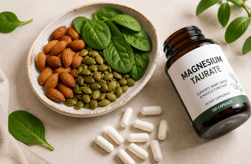 Bottle of magnesium taurate capsules beside spinach, almonds, and pumpkin seeds, which are natural dietary sources of magnesium.