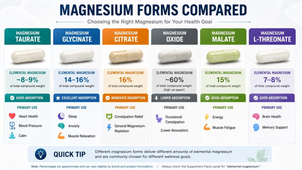 Comparison chart of magnesium taurate versus glycinate, citrate, oxide, malate, and L-threonate showing elemental magnesium percentage and primary health uses.