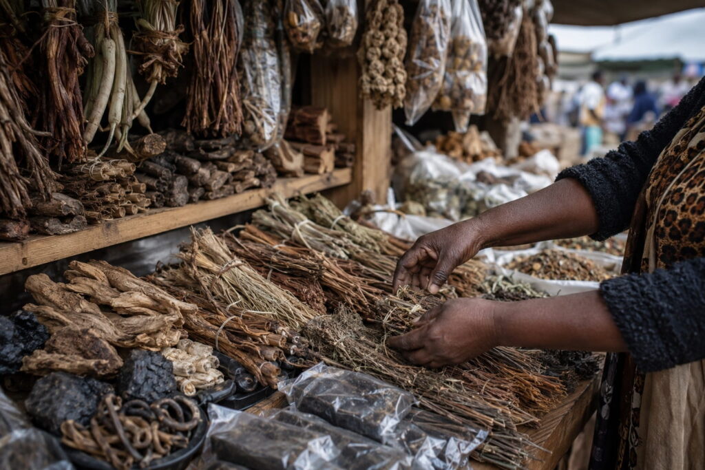 Traditional healer arranging herbal remedies at a South African muthi market