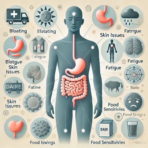 A visually engaging illustration showing symptoms of an unhealthy gut. The image includes a human silhouette with a focus on the digestive system, highlighted to represent discomfort. Around the silhouette, visual symbols represent common symptoms like bloating (depicted with a swollen stomach), fatigue (sleepy face), skin issues (spots or rash on a skin patch), mood swings (a cloud and sunshine on either side of the head), and food sensitivities (a confused expression with food items like dairy and gluten). The background is neutral with soft medical tones like light blue and white for clarity.