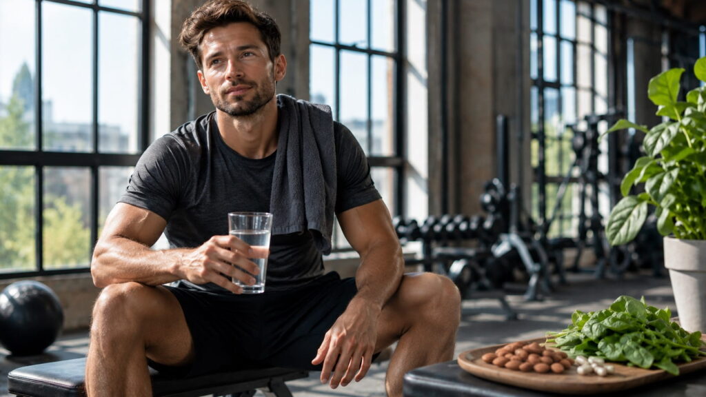 Man resting after a workout, drinking water beside almonds, spinach, and magnesium supplements for muscle recovery