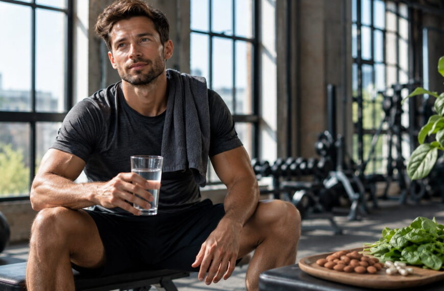 Man resting after a workout, drinking water beside almonds, spinach, and magnesium supplements for muscle recovery
