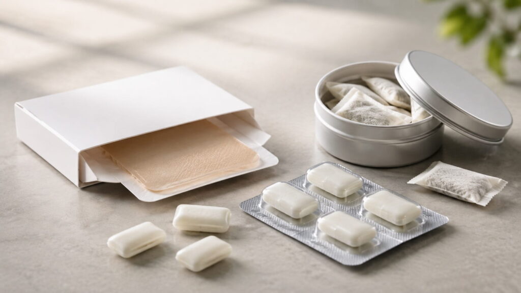 Nicotine patch, gum, and pouches arranged on a countertop, common forms of nicotine replacement therapy