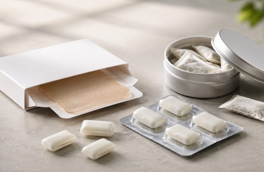 Nicotine patch, gum, and pouches arranged on a countertop, common forms of nicotine replacement therapy