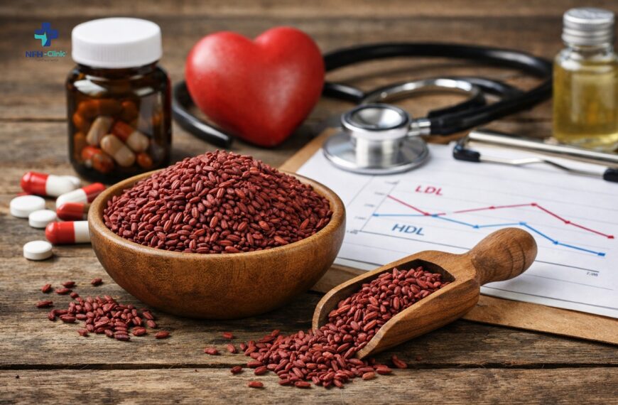 Red yeast rice supplement for cholesterol management with capsules, stethoscope, and LDL HDL chart