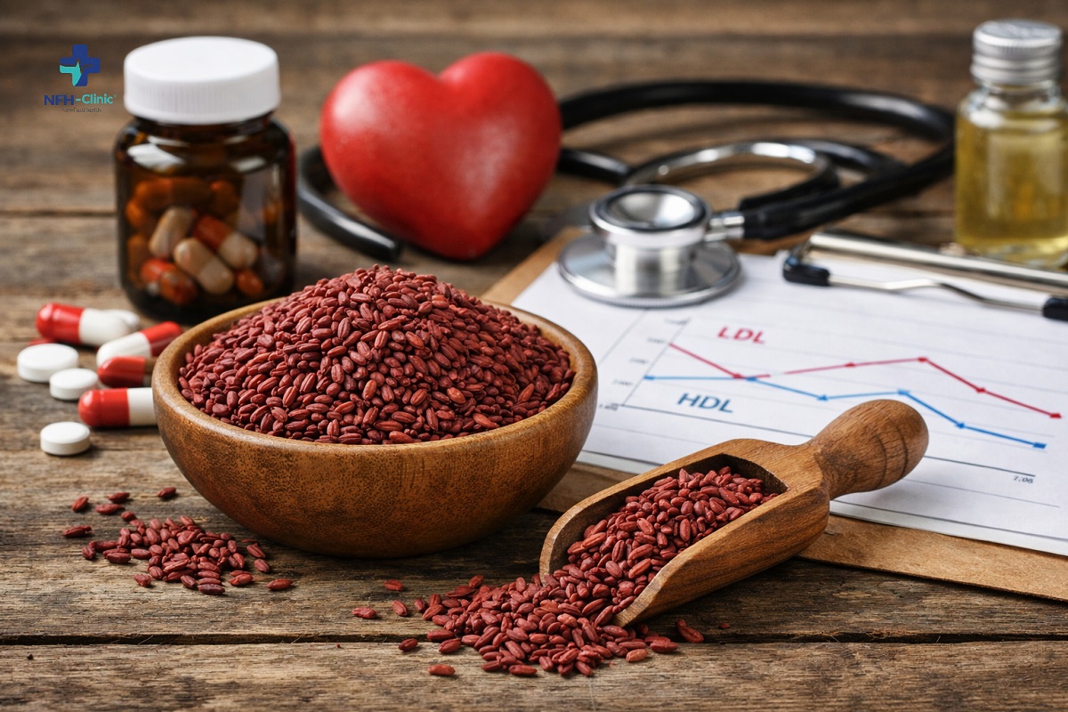 Red yeast rice supplement for cholesterol management with capsules, stethoscope, and LDL HDL chart