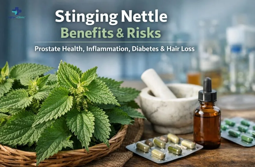 Stinging Nettle Benefits, Side Effects, and Clinical Evidence: Prostate Health, Inflammation, Hair Loss & Blood Sugar Support Fresh stinging nettle leaves in a basket with supplements and herbal medicine tools representing natural health benefits and risks