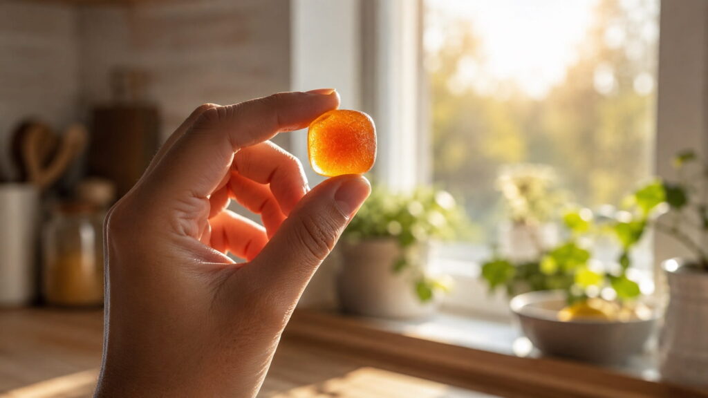 Hand holding an ashwagandha gummy up to natural sunlight in a kitchen