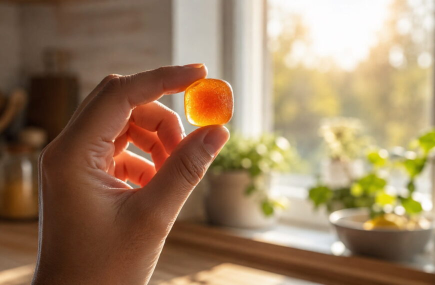 Hand holding an ashwagandha gummy up to natural sunlight in a kitchen