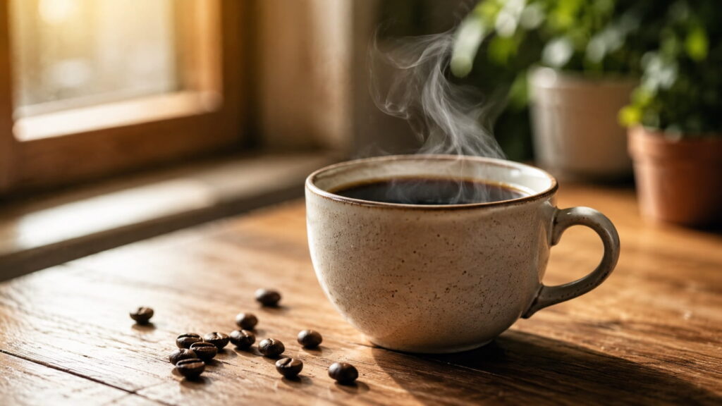 Steaming cup of black coffee with scattered coffee beans on a wooden table, one of the most common sources of caffeine's benefits