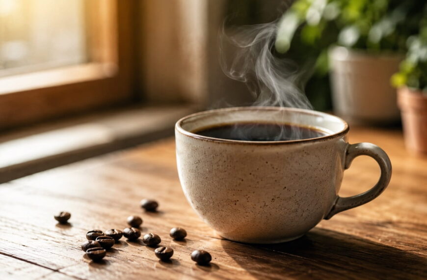 Steaming cup of black coffee with scattered coffee beans on a wooden table, one of the most common sources of caffeine's benefits