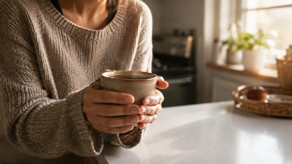 Woman holding a warm cup of coffee in a cozy kitchen, enjoying the mood and comfort benefits of caffeine