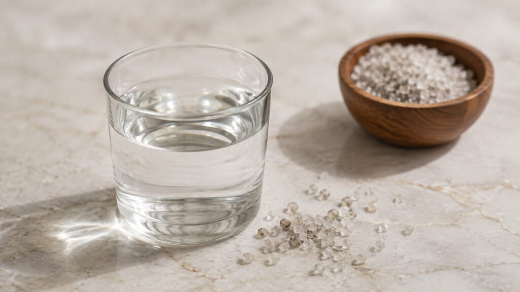 Glass of water beside a wooden bowl of coarse Celtic sea salt crystals on a marble countertop