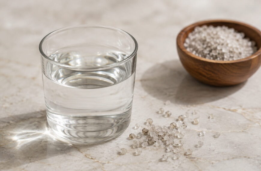 Glass of water beside a wooden bowl of coarse Celtic sea salt crystals on a marble countertop