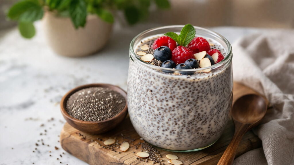 Chia seed pudding topped with raspberries, blueberries, and almonds — a chia seeds benefit for females