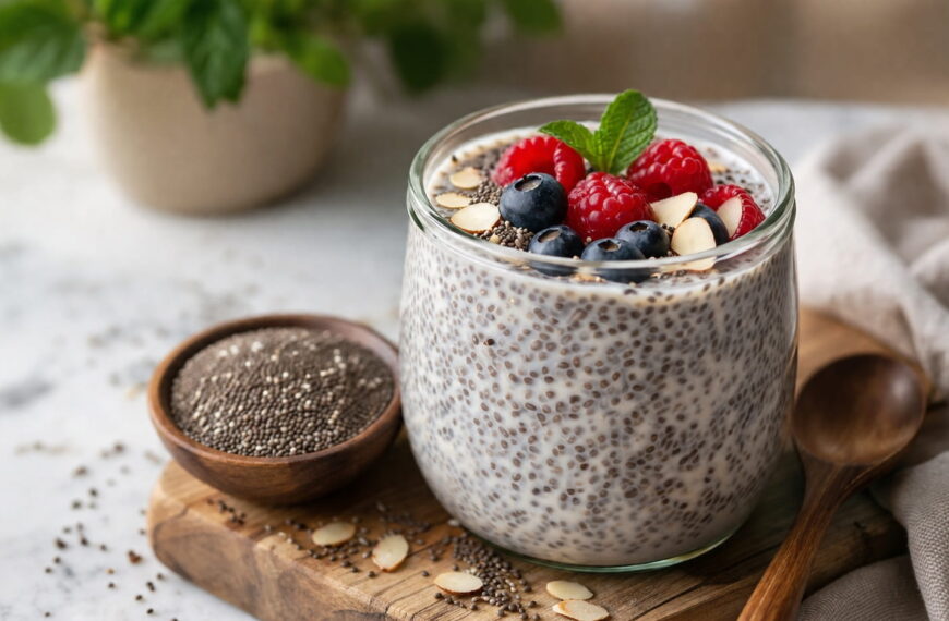Chia seed pudding topped with raspberries, blueberries, and almonds — a chia seeds benefit for females