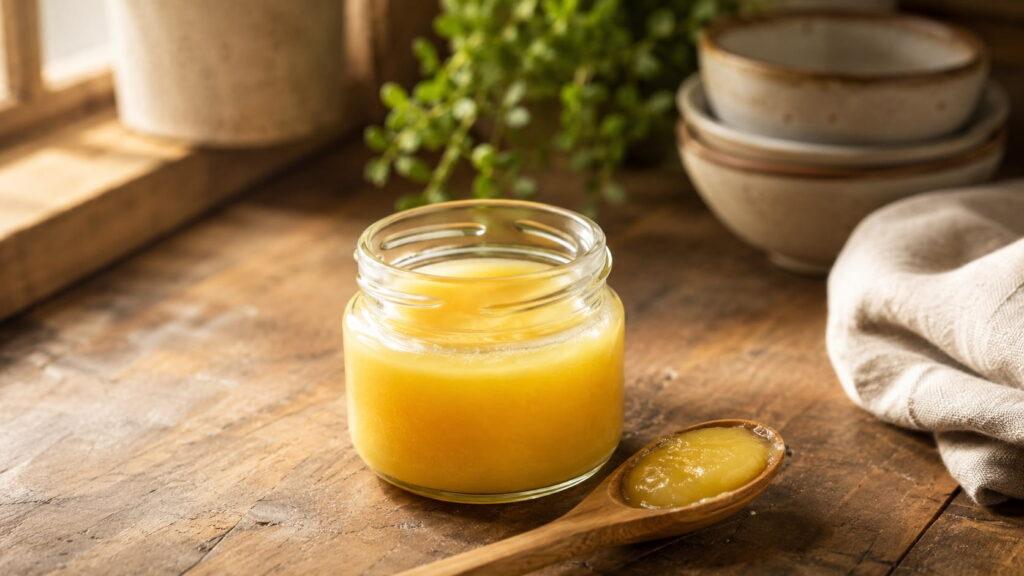 Golden ghee in a glass jar with a wooden spoon on a rustic kitchen countertop