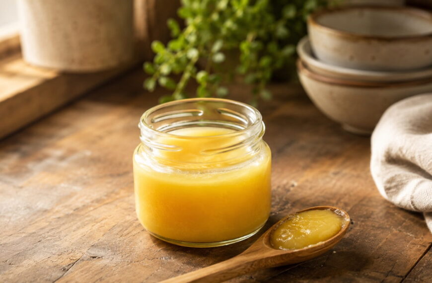 Golden ghee in a glass jar with a wooden spoon on a rustic kitchen countertop