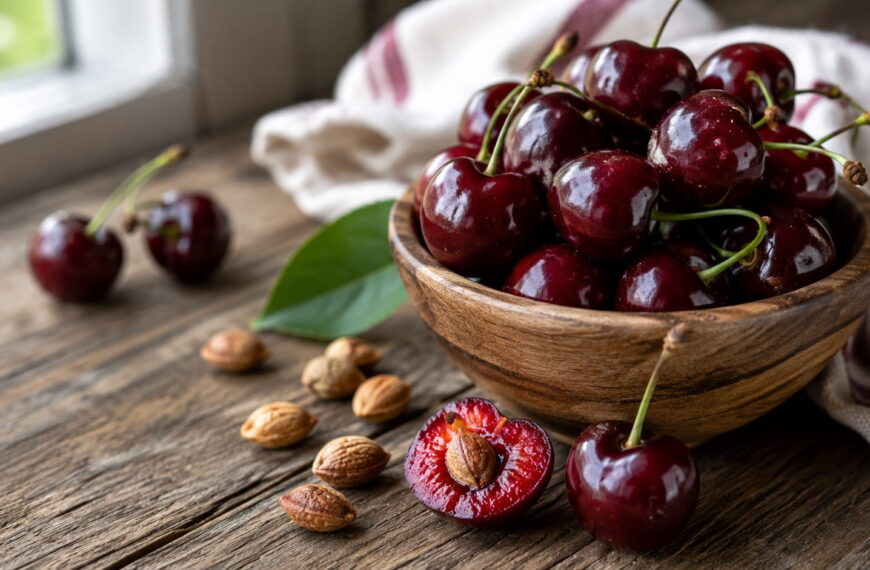 Fresh dark red cherries in a wooden bowl with scattered cherry pits on a rustic kitchen countertop, illustrating how cherry pits contain cyanide-producing compounds.