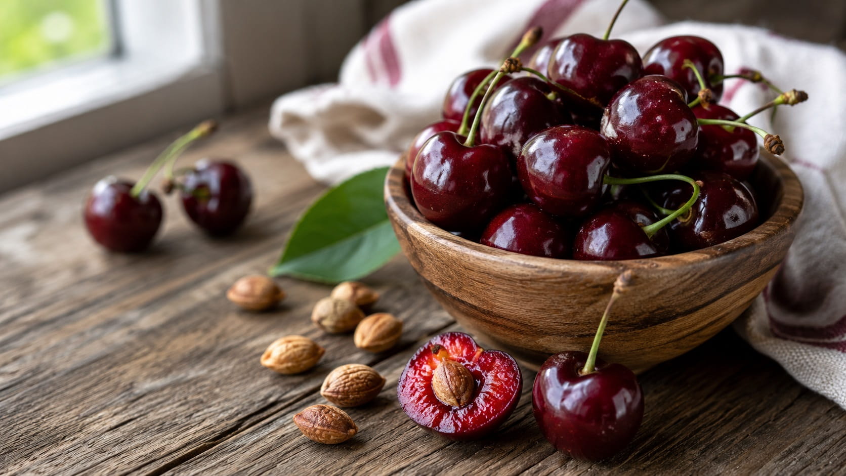 Fresh dark red cherries in a wooden bowl with scattered cherry pits on a rustic kitchen countertop, illustrating how cherry pits contain cyanide-producing compounds.