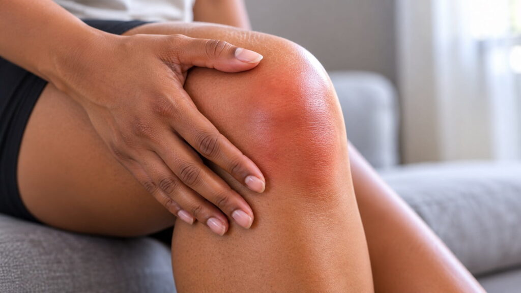 Close-up of a person holding their inflamed, red knee, illustrating chronic inflammation in the body