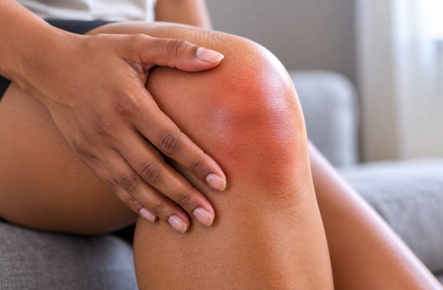 Close-up of a person holding their inflamed, red knee, illustrating chronic inflammation in the body