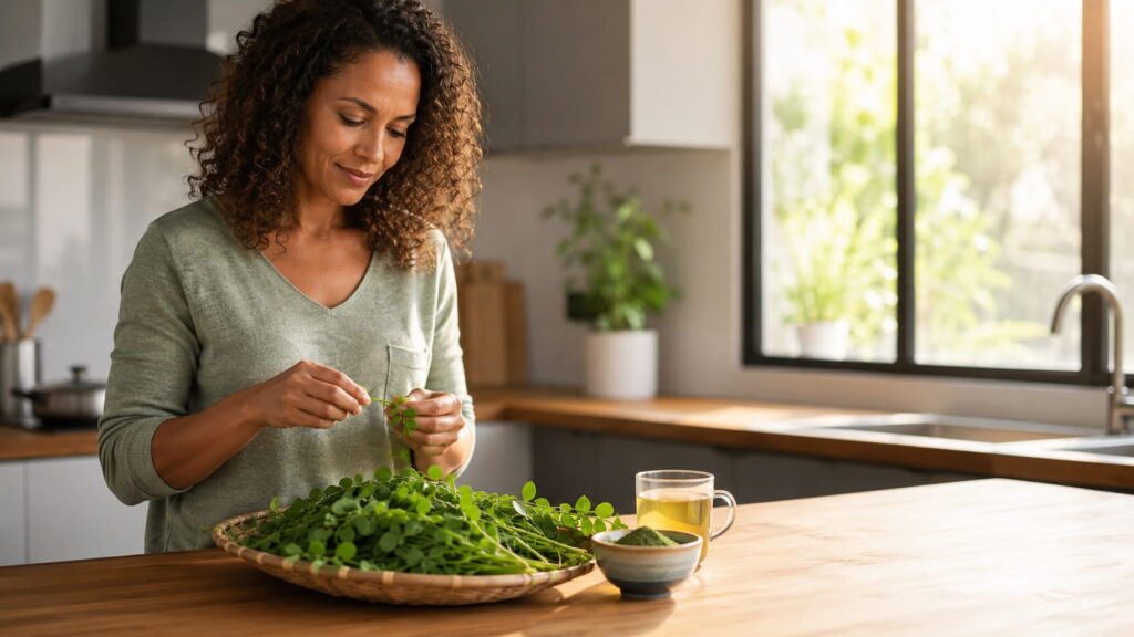 Woman preparing fresh moringa leaves with a bowl of moringa powder and moringa tea, showing moringa benefits for women