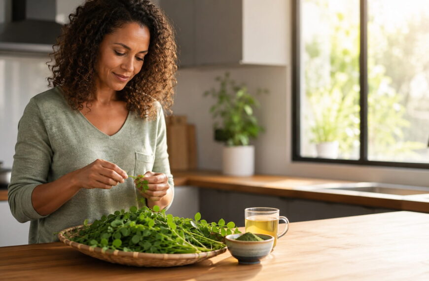 Woman preparing fresh moringa leaves with a bowl of moringa powder and moringa tea, showing moringa benefits for women