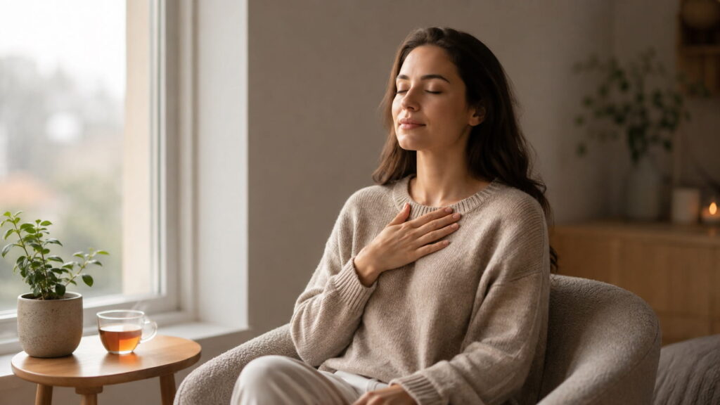 Woman sitting calmly by a window with eyes closed and hand on her chest, practicing a deep breathing exercise to reduce stress and anxiety