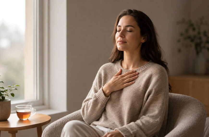 Woman sitting calmly by a window with eyes closed and hand on her chest, practicing a deep breathing exercise to reduce stress and anxiety