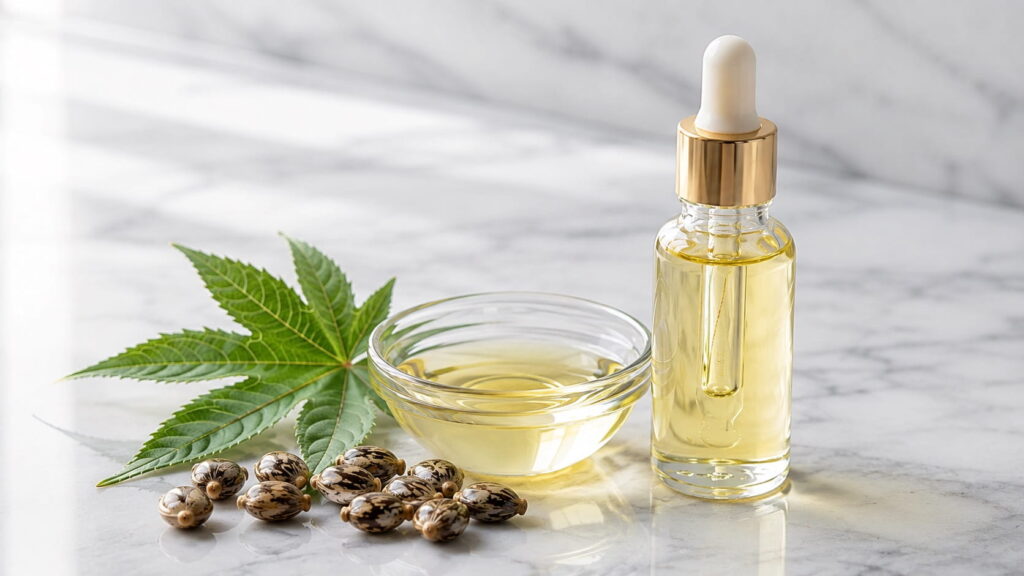 Castor oil in a glass dropper bottle and bowl with raw castor seeds and a fresh leaf on a marble surface