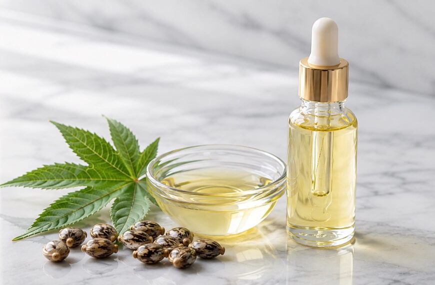 Castor oil in a glass dropper bottle and bowl with raw castor seeds and a fresh leaf on a marble surface