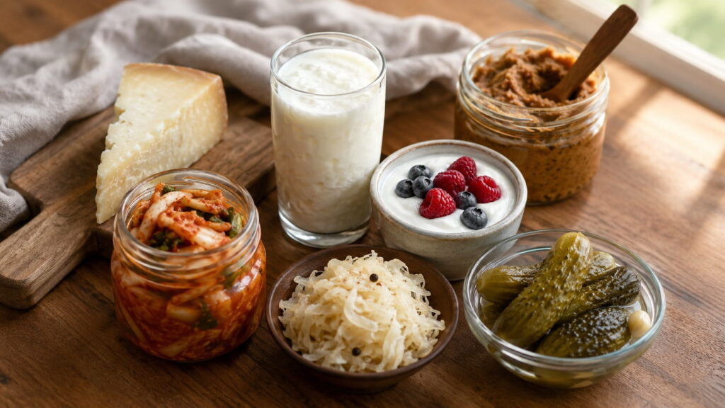 Assortment of fermented foods for gut health including kimchi, sauerkraut, kefir, live yogurt with berries, miso paste, aged cheese, and pickles on a wooden table