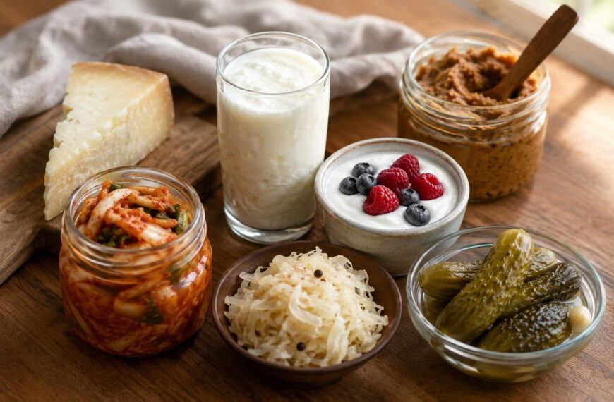 Assortment of fermented foods for gut health including kimchi, sauerkraut, kefir, live yogurt with berries, miso paste, aged cheese, and pickles on a wooden table