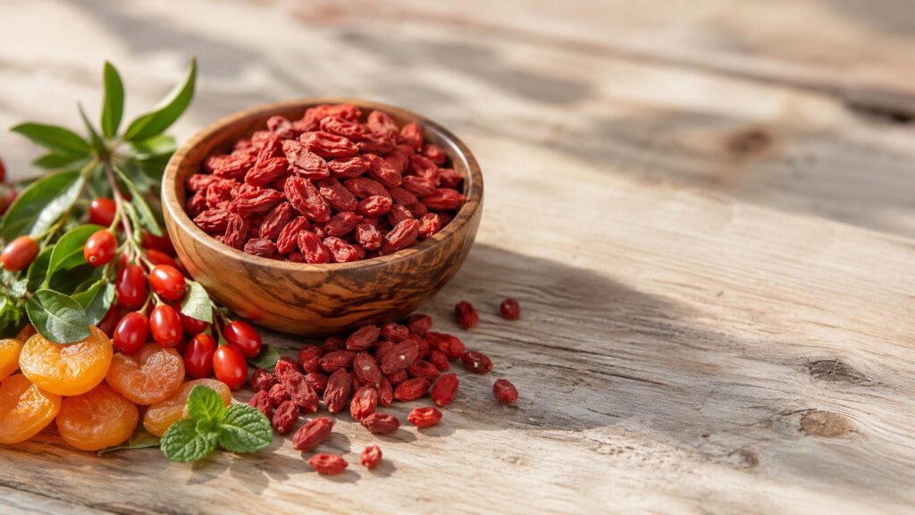 Bowl of dried goji berries with fresh goji berries on the stem, dried apricots, and mint on a rustic wooden table