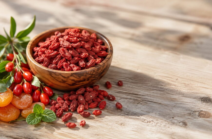 Bowl of dried goji berries with fresh goji berries on the stem, dried apricots, and mint on a rustic wooden table