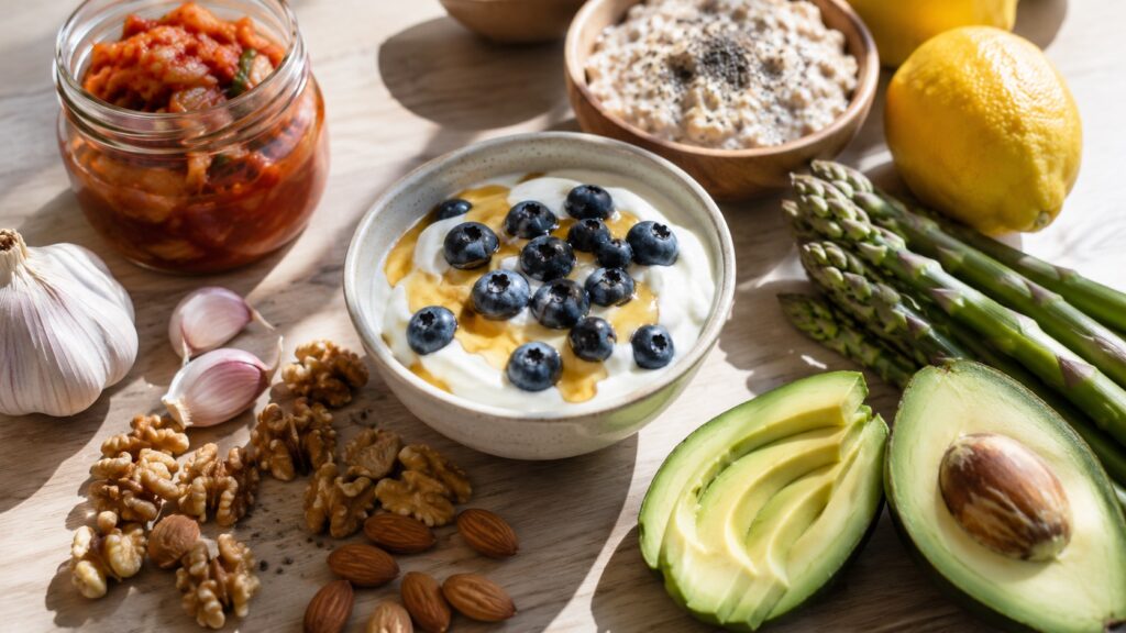 Gut-healthy foods including kimchi, Greek yogurt with blueberries, oats, garlic, walnuts, almonds, avocado, and asparagus arranged on a wooden table